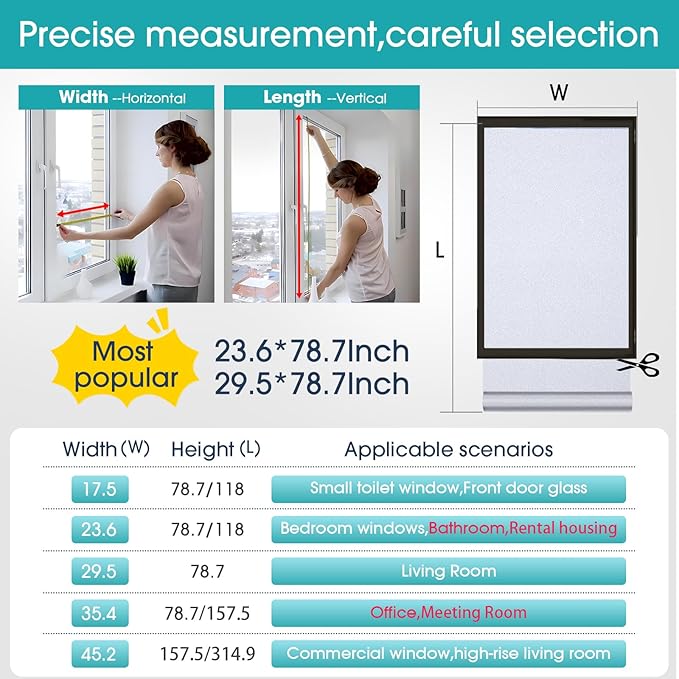 Coavas Window Privacy Film Frosted Glass Static Cling UV Sun Blocking Heat Control Window Tint Day and Night Insulation Home Bathroom Door Decorative Frosting Cover (17.5 x 118.1 Inch, Pure)