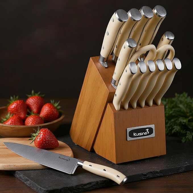 Kuisine Upgraded Kitchen Chef Knife Set,High Carbon Stainless Steel Ultra Sharp Blade Ergonomic Handle,Knife Block Set with Built-in Sharpener,Elegant Gift for Holiday(Acacia Ivory,15PCS)
