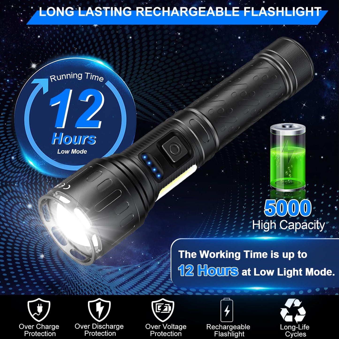 Rechargeable Magnetic Flashlights 100 000 High Lumens  Super Bright Led Powerful Flashlight 8 Modes With Cob Work Light  Waterproof Handheld Flash Light For Camping (2 Pack With Paper Box  Black)