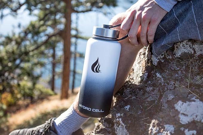 HYDRO CELL Stainless Steel Insulated Water Bottle with Straw - For Cold & Hot Drinks - Metal Vacuum Flask with Screw Cap and Modern Leakproof Sport Thermos for Adults (Black/White 32oz)