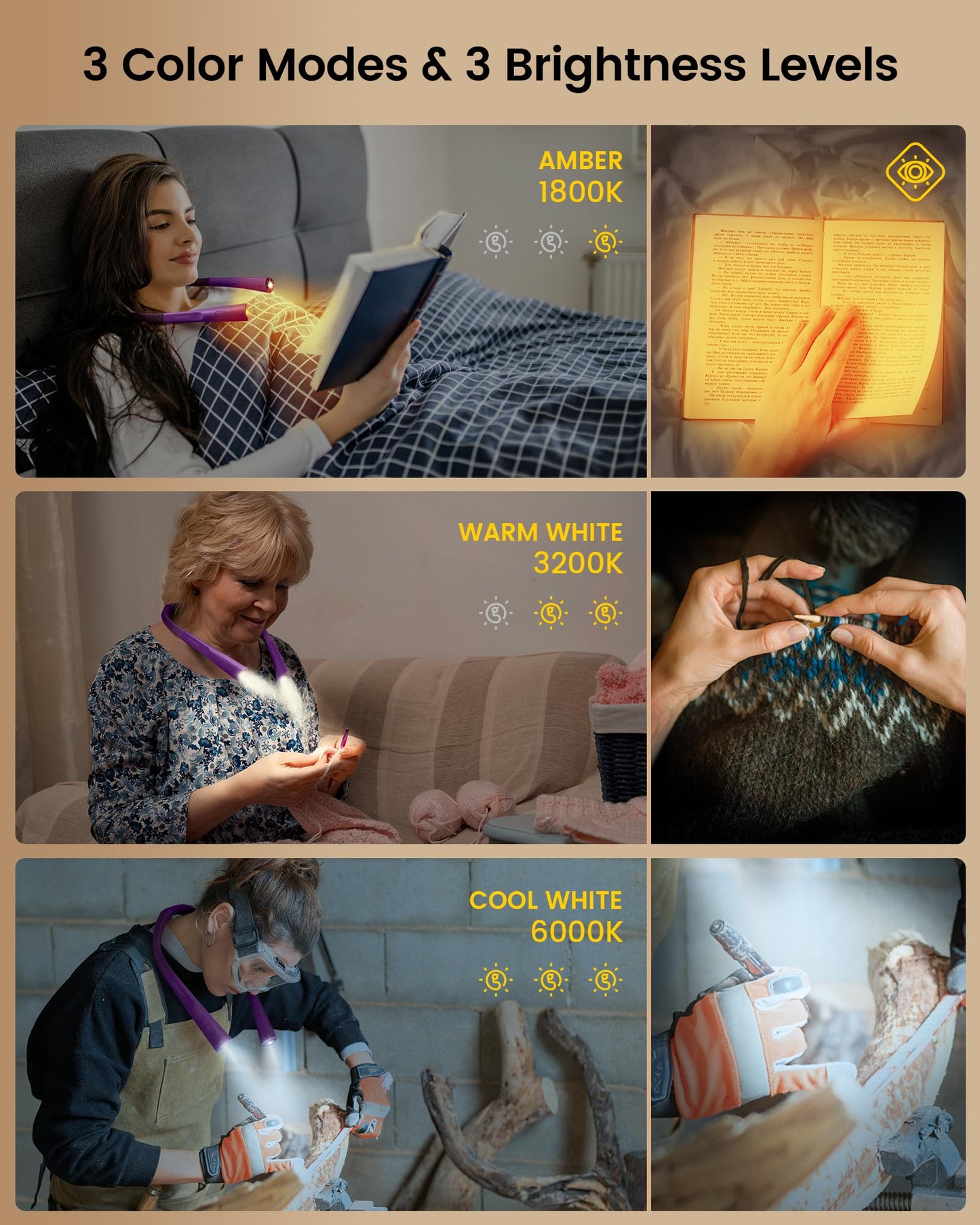 Glocusent LED Neck Reading Light, Rechargeable, 3 Brightness Levels, 30-min Timer, Purple, Model GLCSNTBL007