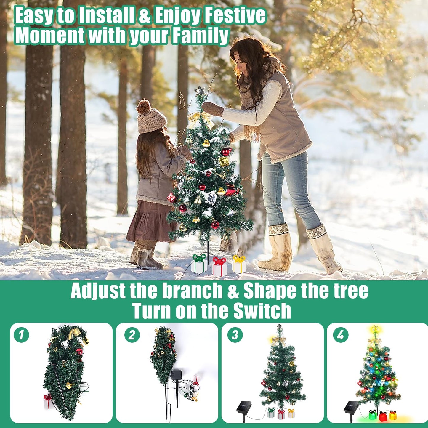 Kordain Solar Mini Christmas Tree Lights, 30 Inch, 30 LEDs, 8 Flashing Modes, Green, Model Kordain 2023, 2PCS
