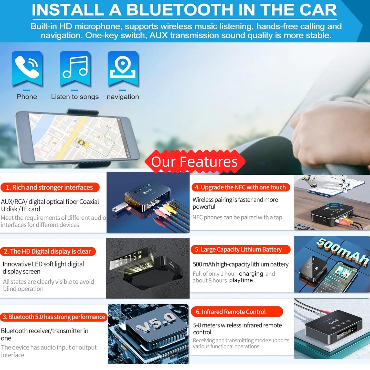 Bluetooth 5.0 Adapter, Bluetooth Transmitter And Receiver For Home Stereo Hi-Fi Audio With 3.5Mm, Rca, Coaxial, Optical, Nfc, Ap