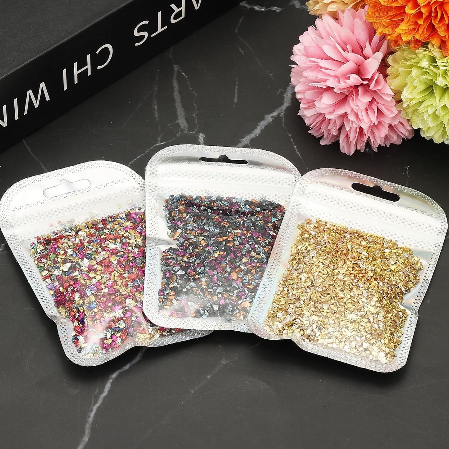 uxcell 6 Colors Crushed Glass Chips, 1-3mm Irregular Glitter Metallic Glass Broken Glasses Pieces with Laser Bag for Craft DIY Vase Epoxy Halloween Decoration 31g, Solid Colors