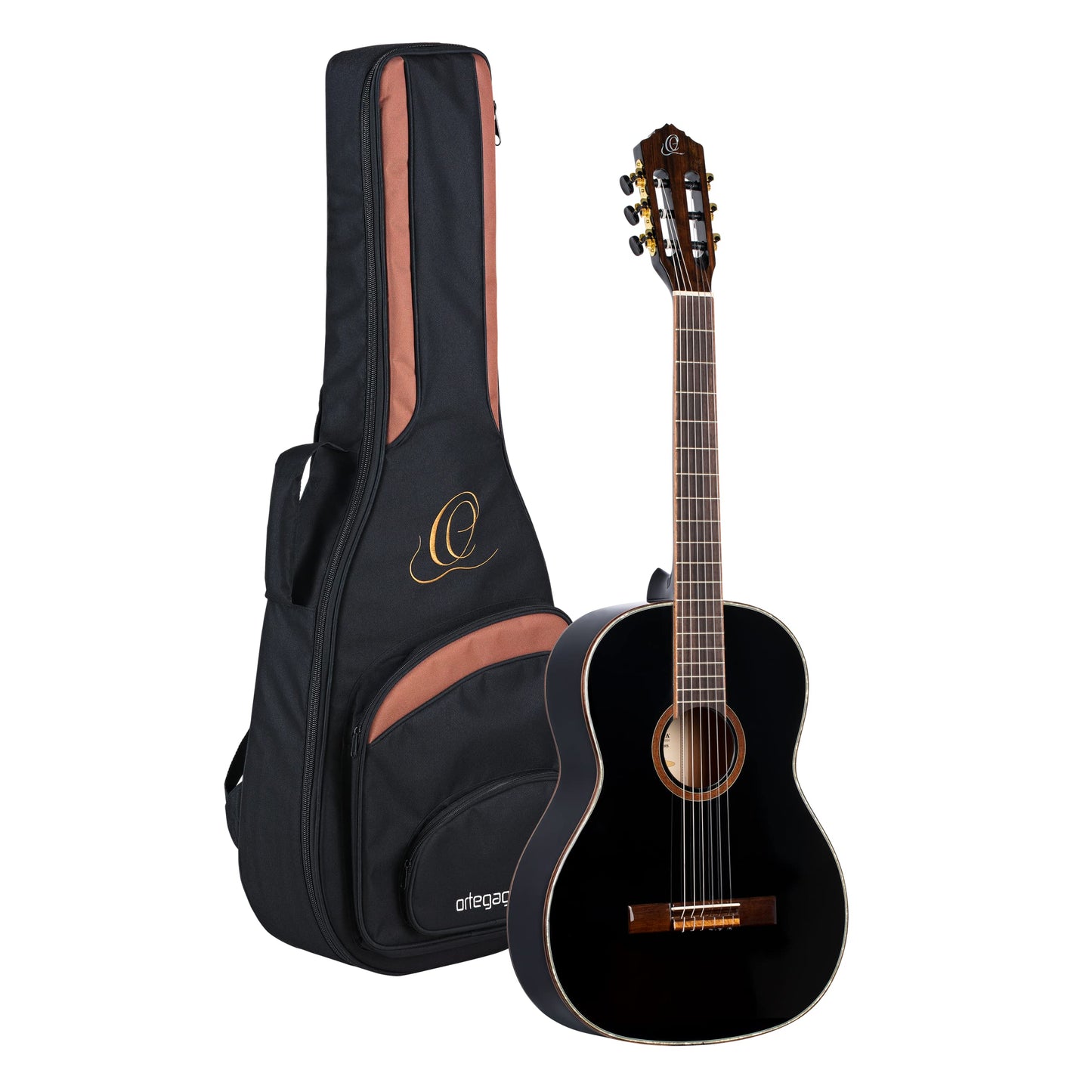 Ortega Guitars 6 String Family Series Size Nylon Classical Guitar W/Bag, Right, Spruce Top-Black-Gloss, Full - Slim Neck (R221Sn