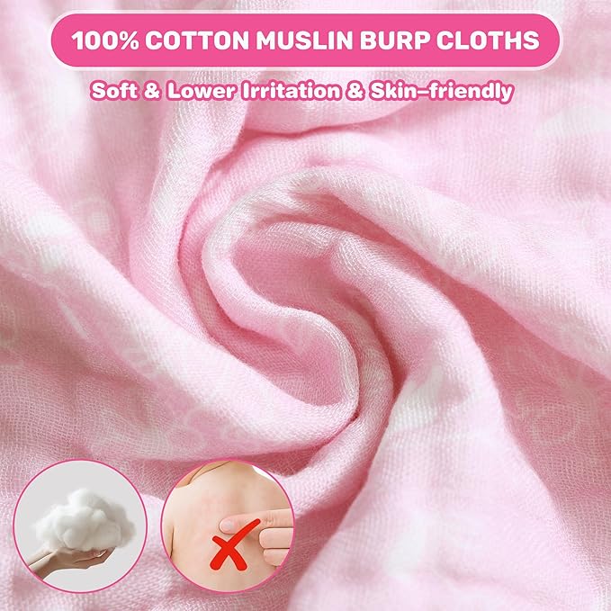 Viviland Baby Muslin Burp Cloths, Super Absorbent Washcloths for Baby Girl and Boy, 10 x 20 inches 6-Layer Baby Bath Towels, Pink Flowers & Hearts 4 Pack