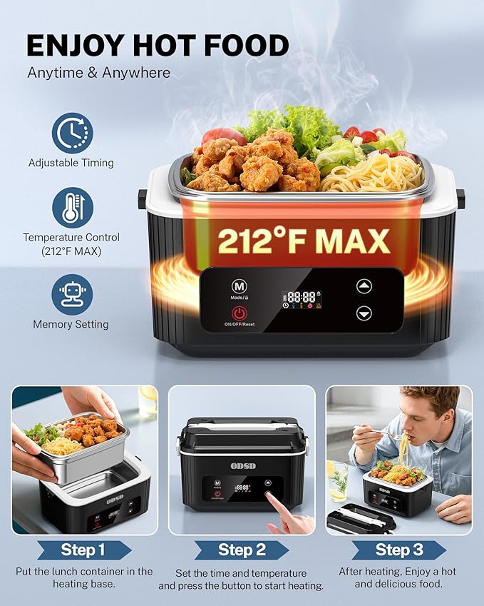 ODSD Cordless Electric Lunch Box for Adults, Heated Lunch Box 130min Battery Life, Self-Heating Portable Electric Food Warmer with 1.2L SS Container for Truck, Office, or Outdoor Worksite