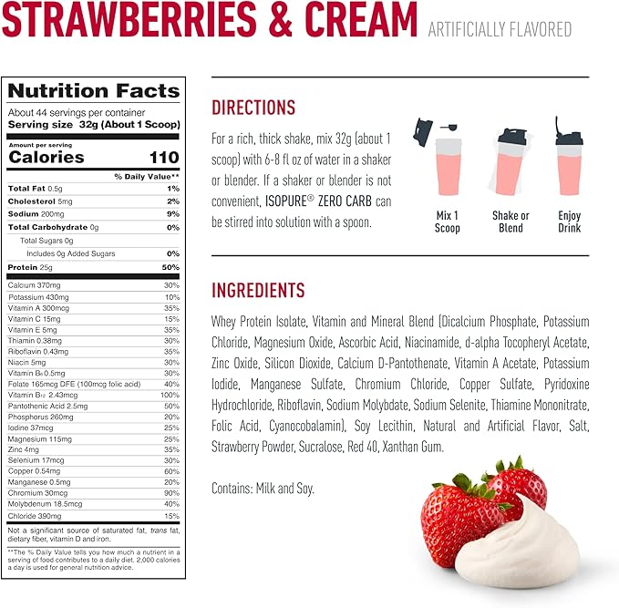 Isopure Zero Carb 100% Pure Whey Isolate Protein Powder, Lactose Free, Gluten Free, With Vitamins, Strawberries & Cream, 25g Protein Per Serving, 3 Lbs, 44 Servings (Packaging May Vary)