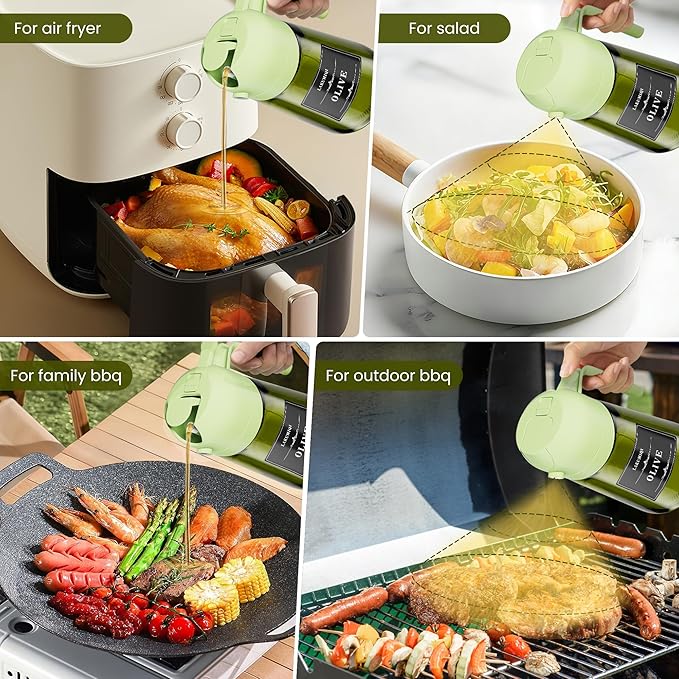 2 in 1 Oil Sprayer for Cooking 16oz, Green Light-Blocking Glass Olive Oil Dispenser Bottle, Food-Grade Oil Mister with 8 Stickers for Kitchen Salad Frying