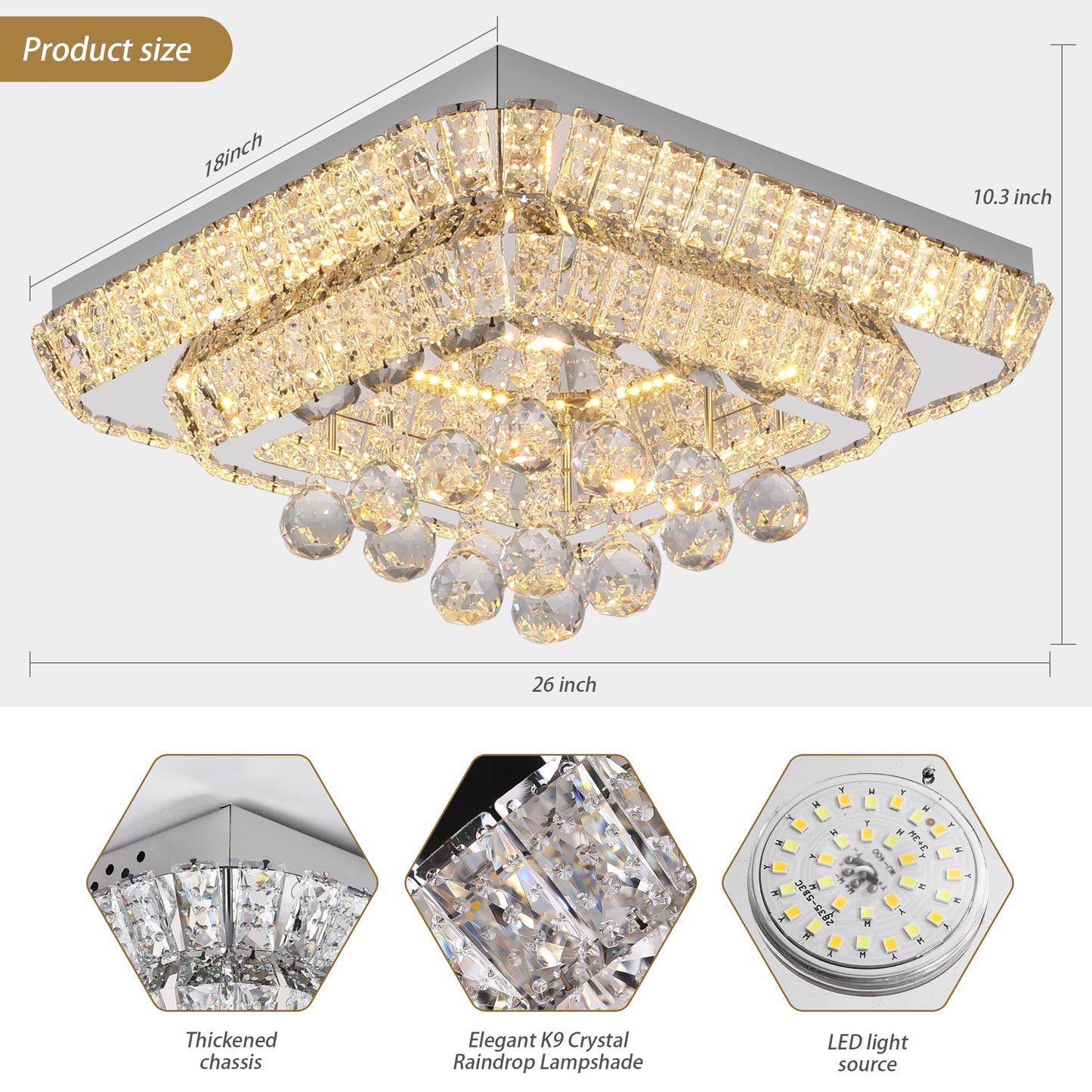 REDSTAR 18in Crystal Ceiling Light Flush Mount, Remote Control, 3 Color Temp, K9 Crystal, Stainless Steel, Silver, Model A228-18in-1
