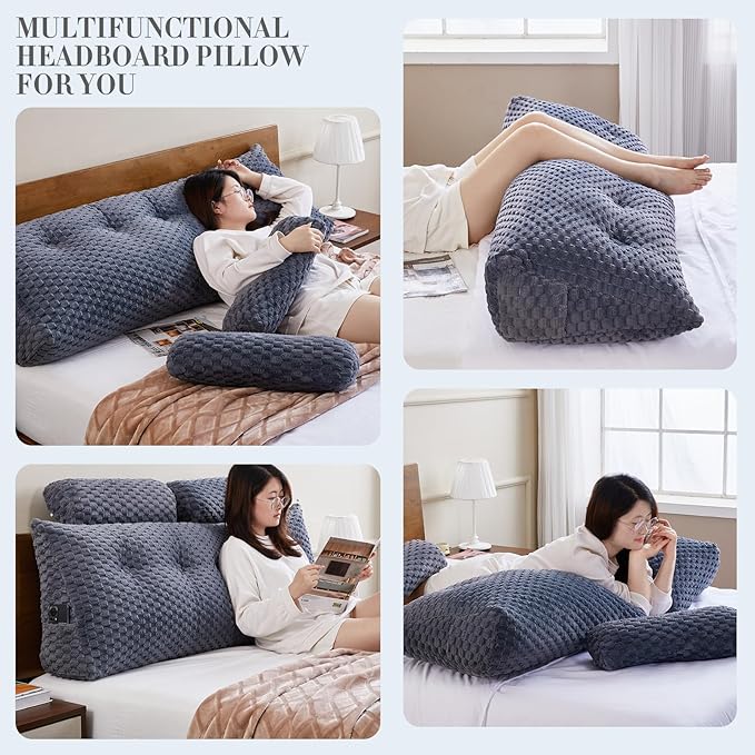 Wedge Headboard Pillow - Bed Wedge Pillow for Headboard Triangular Headboard Pillow with Neck Roll Pillow-Large Bolster Pillow for Sitting in Bed Backrest Positioning Support (Grey,59x8x20 Inches)