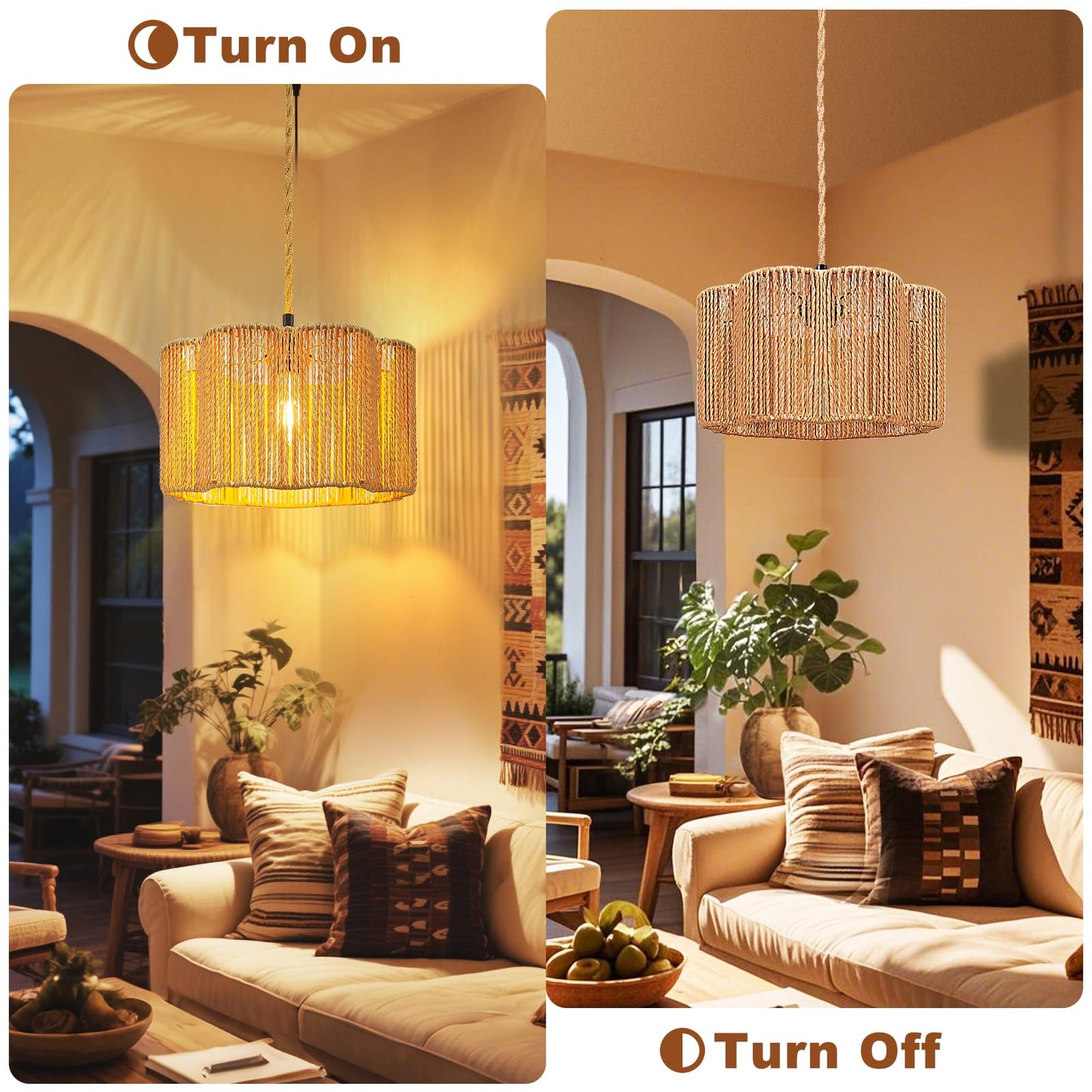 Hanging Lamps Rattan Pendant Light Hanging Lights 16.4Ft Plug In Cord Pendant Light Fixture Plug Into Wall Outlet Pendant Lighting With On Off Switch For Bedroom Living (Cylindrical Flower Shade)