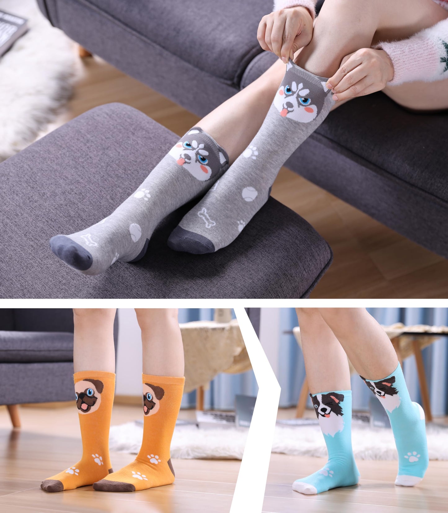 SDBING Womens Cat Socks Cute Gifts Animal Soft Breathable Thin Cotton Casual Crew Socks 5 Pairs (Dog, 6-10)