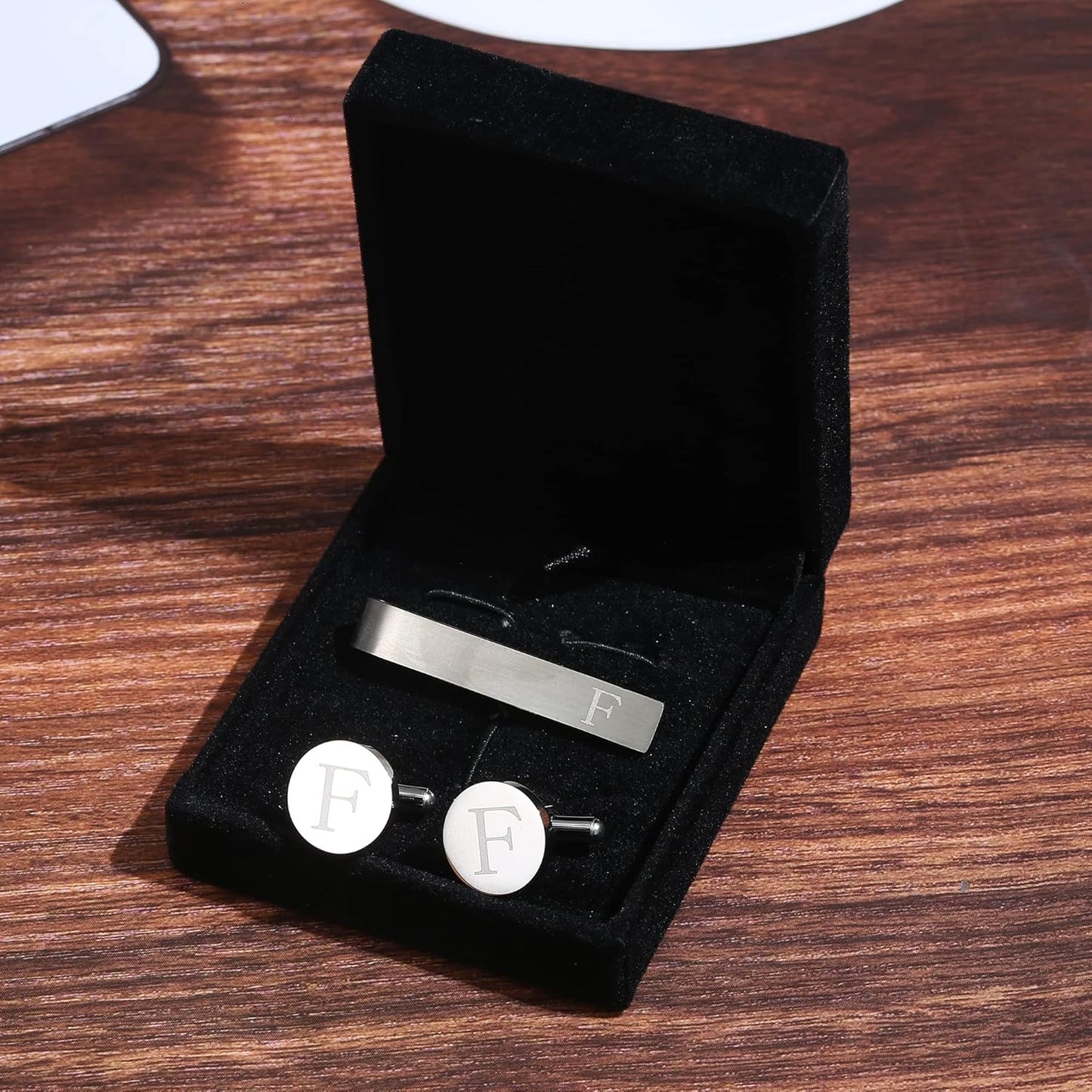 LOYALLOOK Stainless Steel Engraved Initial Cufflinks and Tie Clip Bar Set Alphabet Letter With Gift Box A-Z