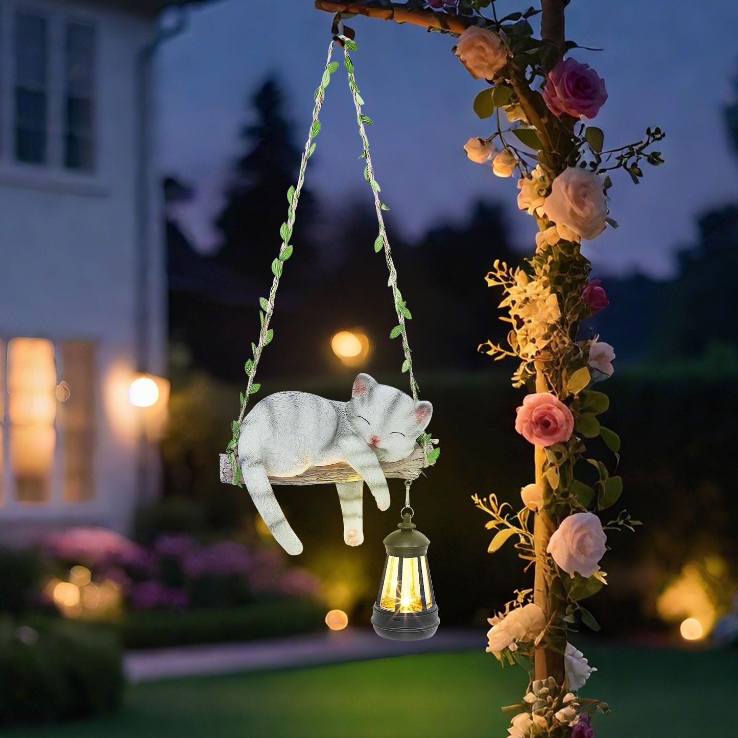 Zaayee Solar Lighted Garden Outdoor Statue  22.6 H Hanging Swing Lying With A Sleeping Cat And A Led Lantern  Resin Animal Figurine Hanging Ornaments With Hook For Decoration & Gift