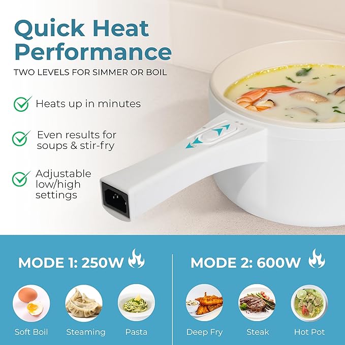 DRINKPOD 2L Electric Hot Pot with Steamer, Portable Multi Cooker for Ramen, Eggs, Soup, Oatmeal Non-Stick Mini Pot with Adjustable Temperature (WHITE)