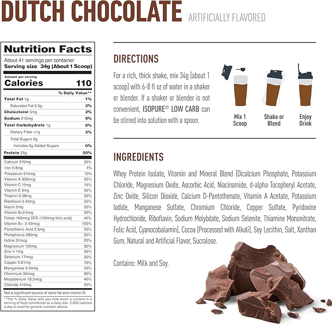 Isopure Low Carb 100% Pure Whey Isolate Protein Powder, Lactose Free, Gluten Free, With Vitamins, Dutch Chocolate, 25g Protein Per Serving, 3 Lbs, 41 Servings (Packaging May Vary)