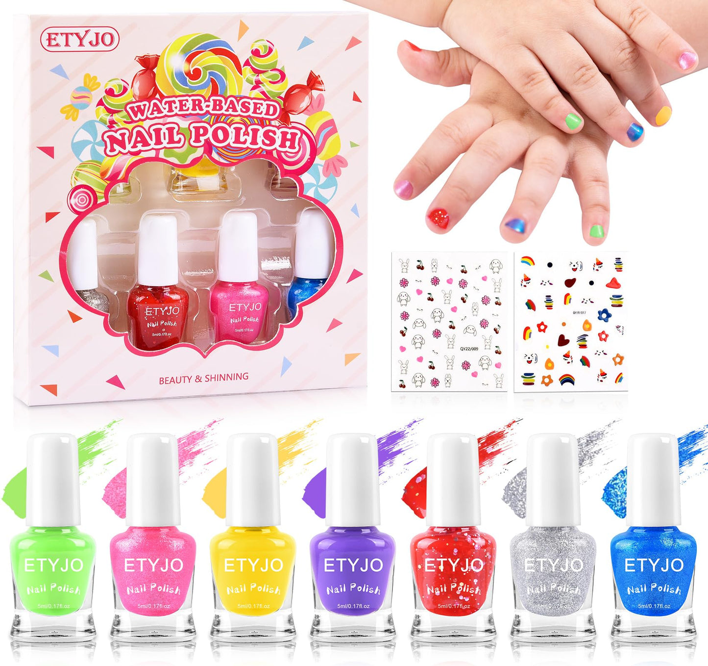 ETYJO Kids Nail Polish - 100% Non Toxic Peel - Off Water-Based Quick Dry Nail Polish for Toddler 7 Candy Colors With Sticker for
