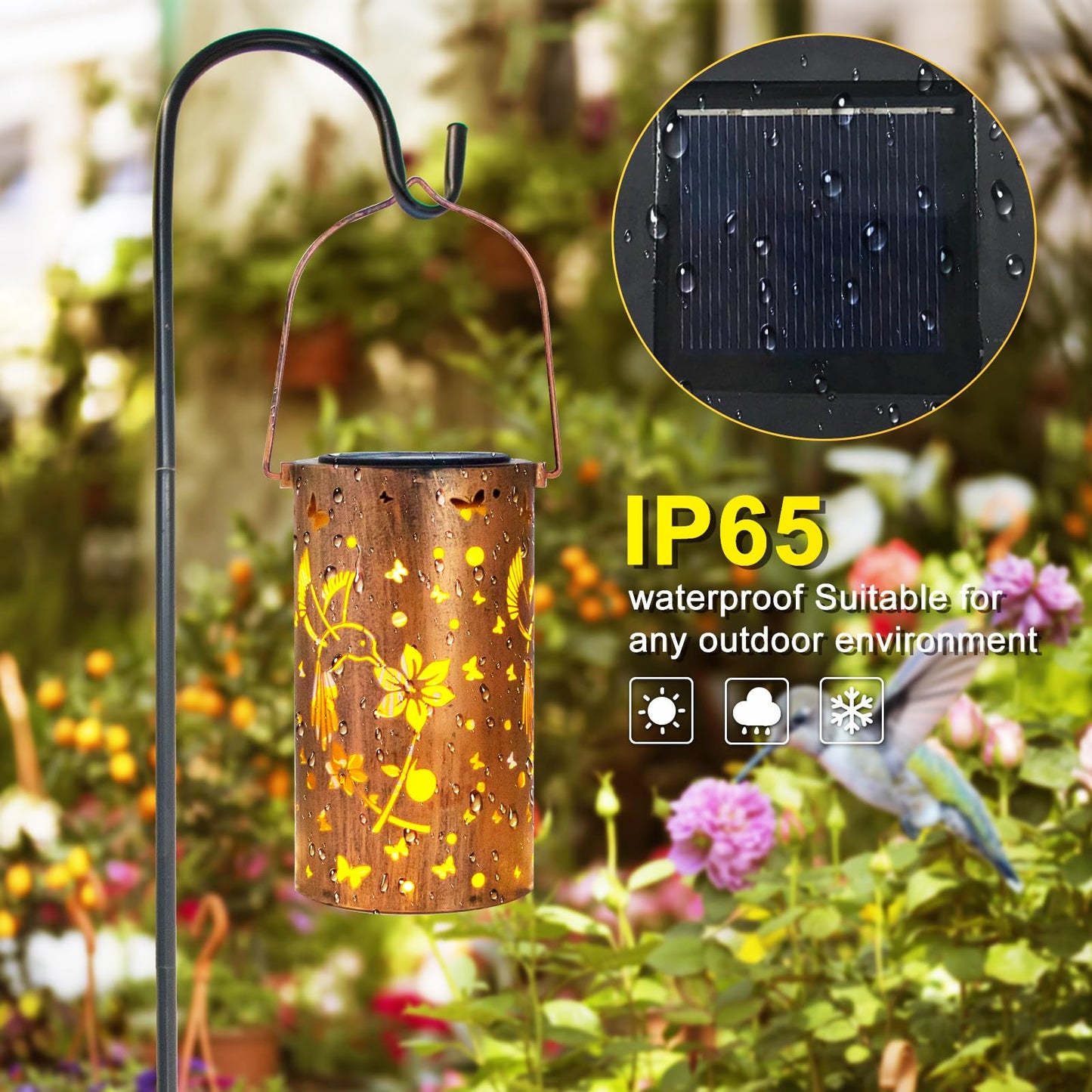 DIBIEECN Solar Lantern Hummingbird Hollowed-Out LED Garden Light, Bronze, Waterproof, Model RC-DL1004