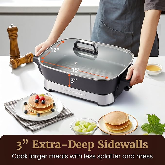 Elite Gourmet EG4403 15" x 12" x 3” Stow-Away Foldable Electric Skillet, Ceralast™ Ceramic Non-stick, 1500W Rapid Heat, Dishwasher Safe Pan & Lid, Black/Gray