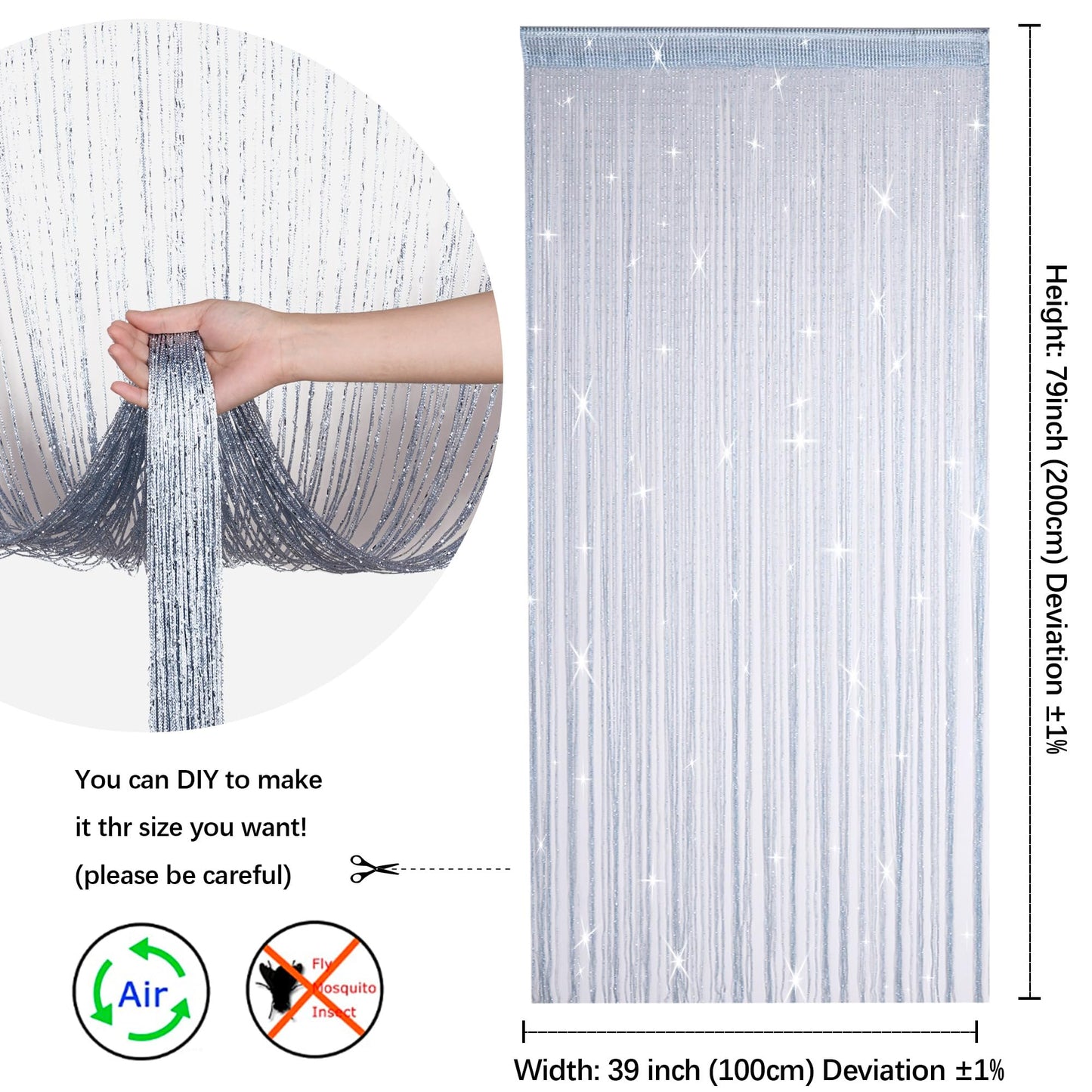 Vagasi 2 Pack Glitter String Curtains 39X79 Inch Fringe Panels Room Divider Fly Screen For Home D  Cor Door Windows Wedding Part