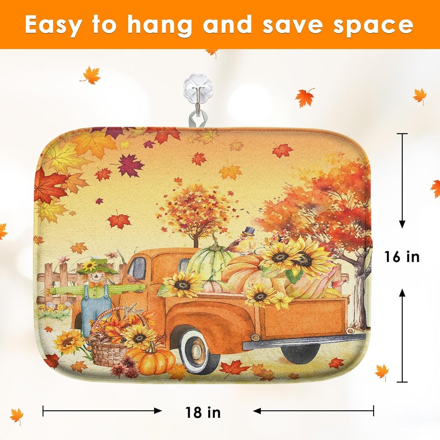 Sanwarm Absorbent Dish Drying Mat, Fall Truck Pumpkin Microfiber Pad for Kitchen Counter, Tree Leaf for Coffee Bar Decor, Heat Resistant and Reversible, 16" x 18"