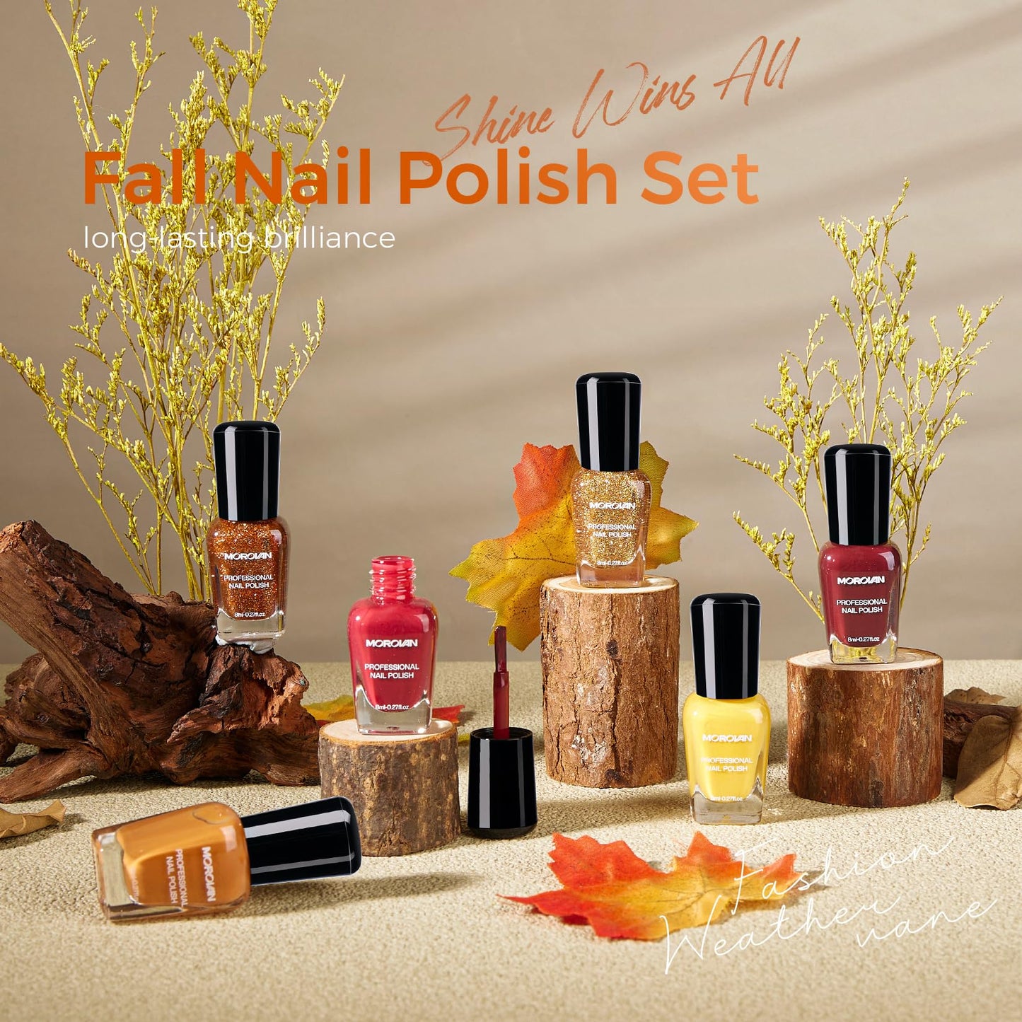 Morovan Fall Nail Polish Set: 6 Gold Maple Leaf Nail Polish Kit 2025 Glitter Autumn Fingernail Pumpkin Yellow Burnt Orange Art Q
