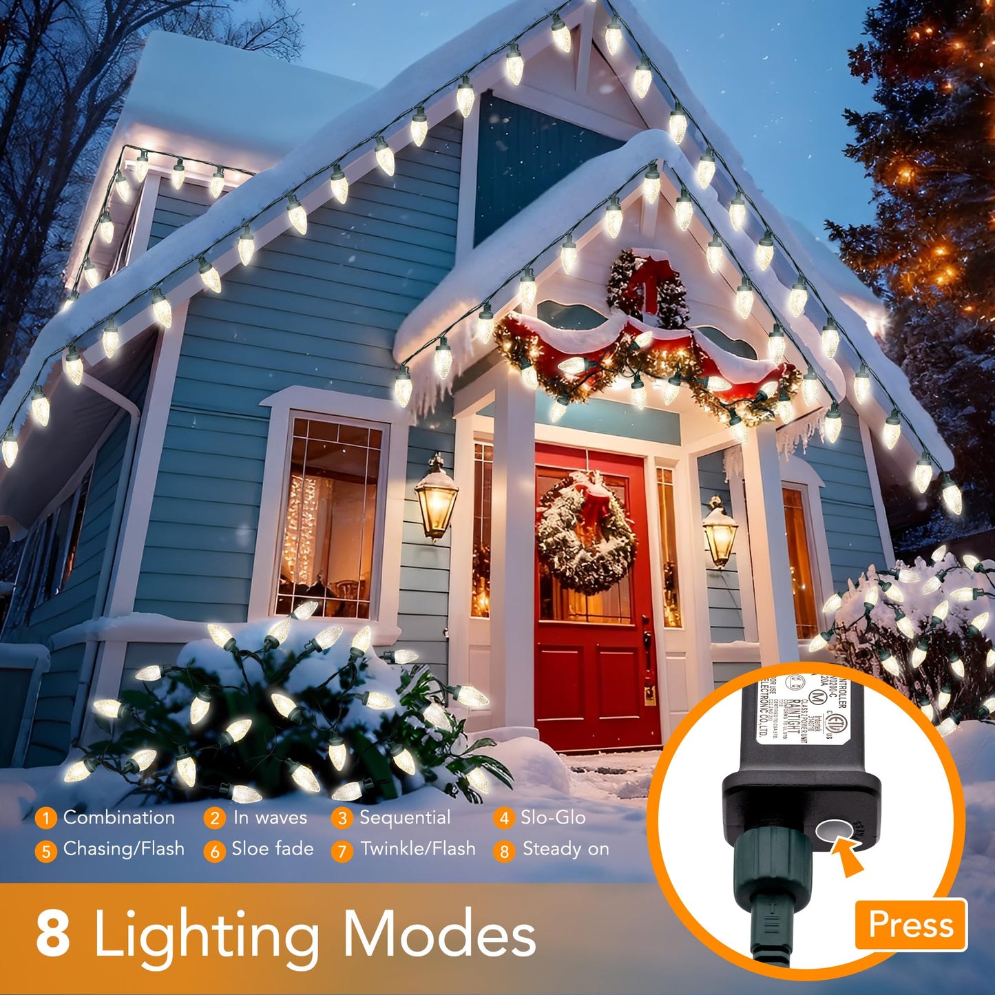 Ucutely C9 Led Christmas Lights Outdoor 33 Feet 50 Led 8 Lighting Modes Waterproof Connectable Christmas String Lights For Outside Roofline Patio Home Xmas Decorations (Warm White)