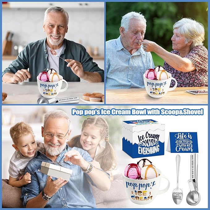 Pop Pop Gifts, Gifts for Pop from Grandkids on Christmas, Poppop's Ice Cream Bowl Scoop Shovel Spoon Set, Poppop’s Ice Cream Gift, Christmas Birthday Father's Day Pop Gift for Him Man