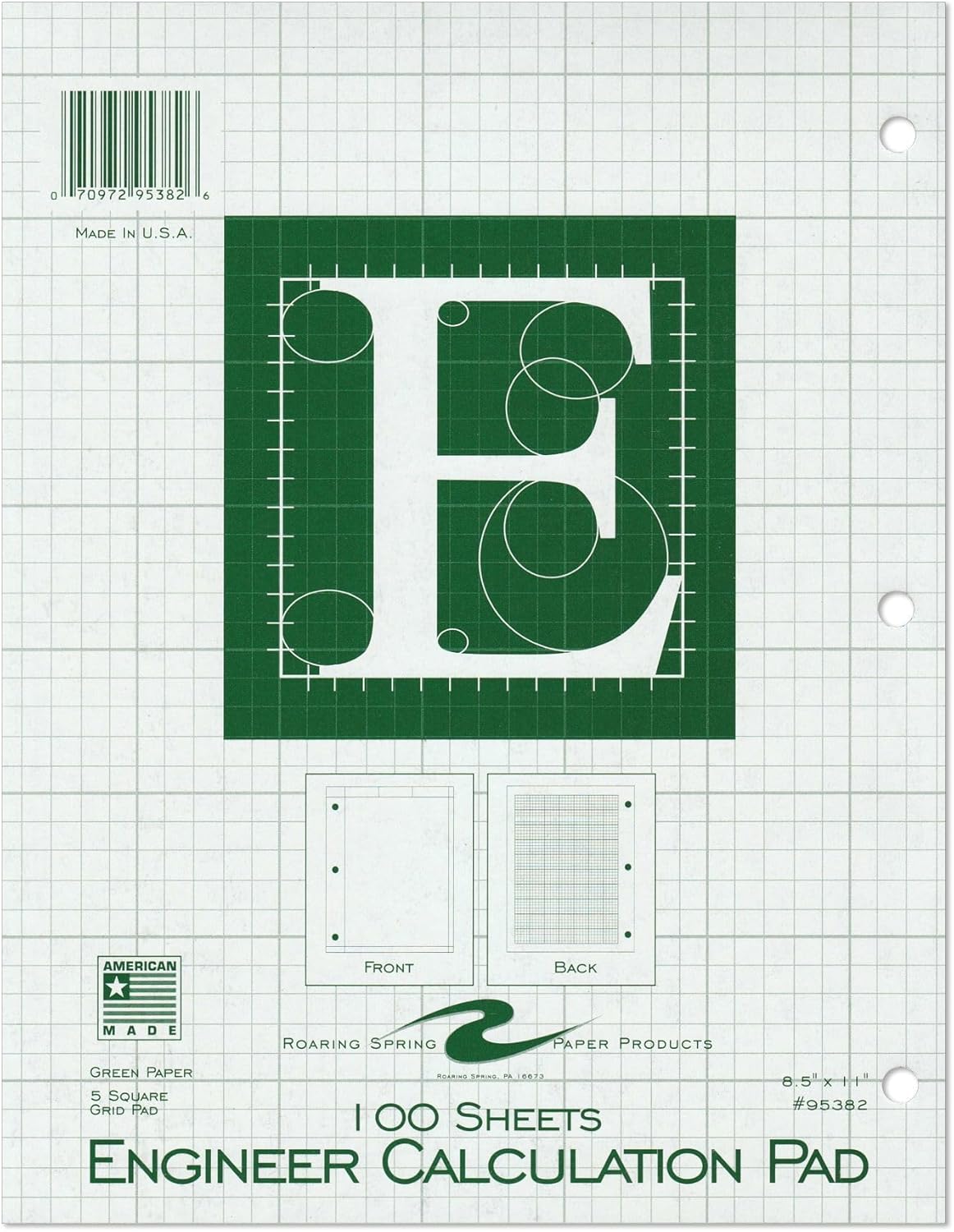 ROARING SPRING Engineering Pad, 8.5" x 11", 100 Sheets 15lb Green Paper, 5x5 Printed Back Enclosed Grid, Top Glued, 3-Hole Punched, Proudly Made in USA, Heavy Backing Board