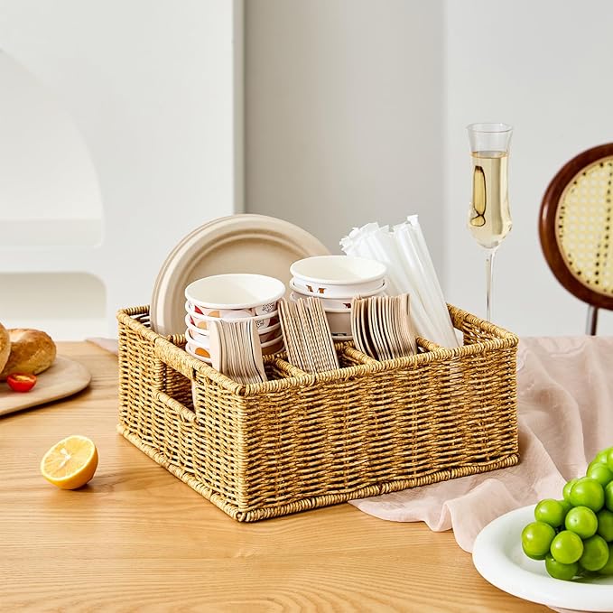 Utensil Holder for Party, Paper Plate Dispenser for Countertop, Silverware Caddy for Picnic, Cutlery Holder for Kitchen Camping Buffet, Wicker Basket with 6 Compartments