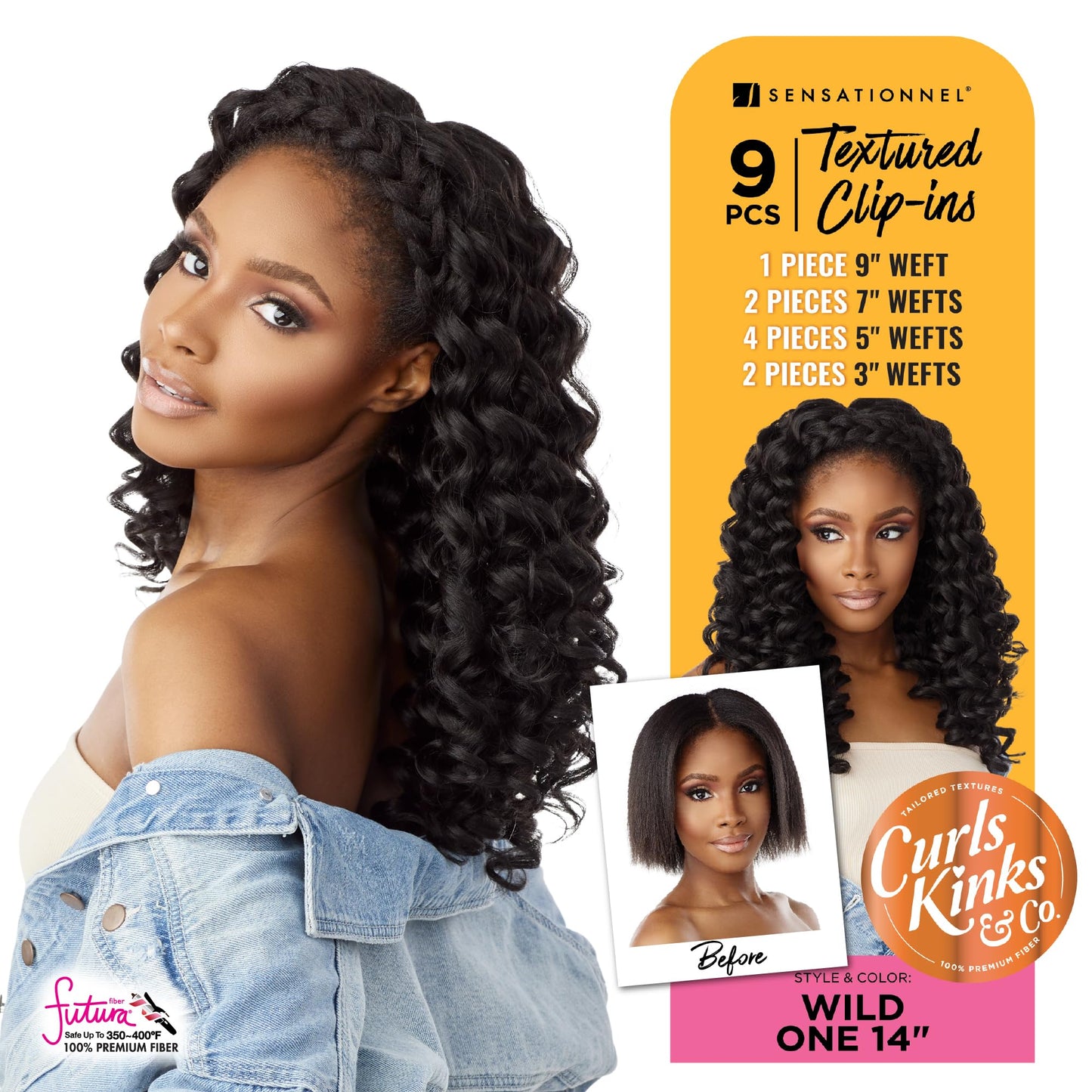 Sensationnel Curls kinksandco clip in - wide one 14 inch easy to use clips for natural 3c to 4c hair textures (1 JETBLACK)