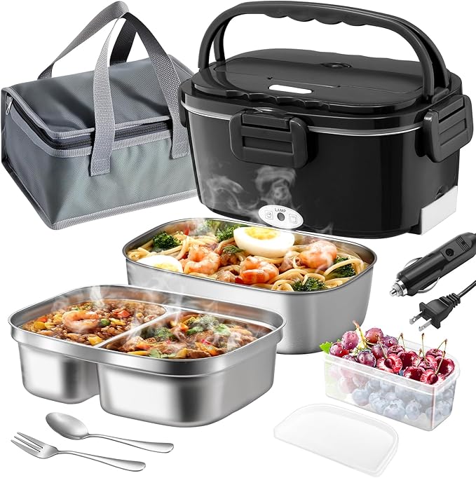 Electric Lunch Box for Adults 100W Fast Heated Lunch Box for Men Women with Dual 1.5L Stainless Steel Containers Fast Heating Portable Food Warmer 12V/24V/110V Lunch box, Home/Car/Office/Truck