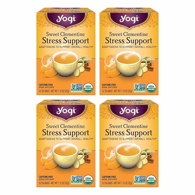 Yogi Tea Sweet Clementine Stress Support - 16 Bags per Pack (4 Packs) - Stress Support Herbal Tea - Calming Adaptogen Tea...
