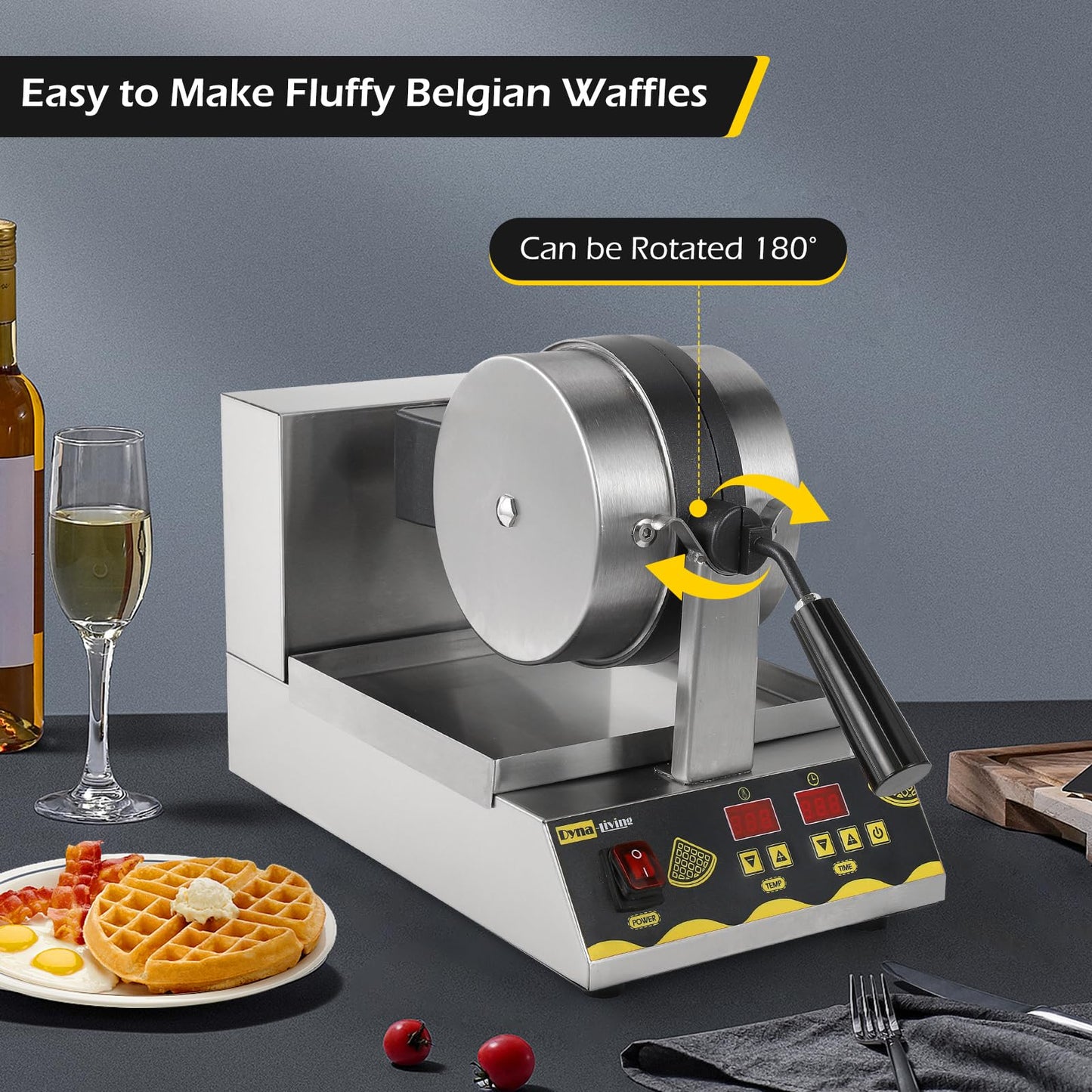 Dyna-Living Belgian Waffle Maker Commercial Intelligent Round Waffle Maker Rotating 180° Nonstick Flip Waffle Iron Machine Professional Commercial Waffle Maker for Restaurant 110V 1200W