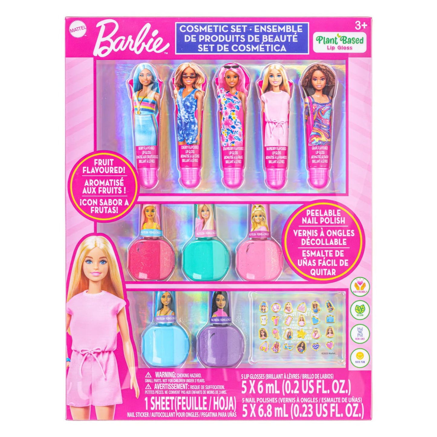 Barbie Cosmetic Makeup Set for Girls with Super Sparkly Lip Gloss Nail Polish and Nail Stickers 11 Pieces, Perfect for Parties S