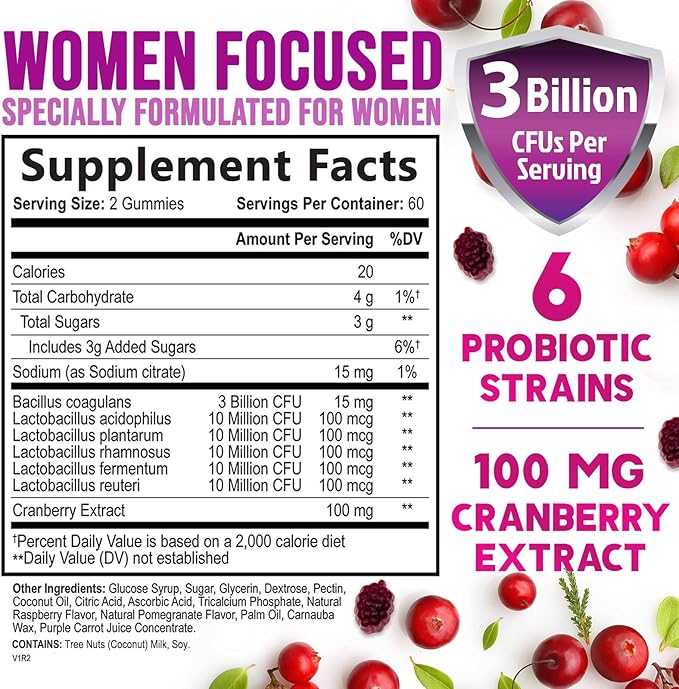 Probiotics for Women Gummy - 6 Diverse Strains w/ Cranberry, PH Balance, Digestive & Feminine Health Support, 3 Billion CFU Womens Probiotic for Urinary & Immune Support, Non-GMO - 120 Gummies