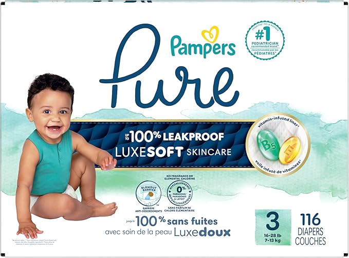 Pampers Pure Protection Baby Diapers, Size 3 (16-28 lbs), 116 Count, Up to 100% Leakproof, Premium Plant-based Skin Protection, Hypoallergenic Soft Diapers