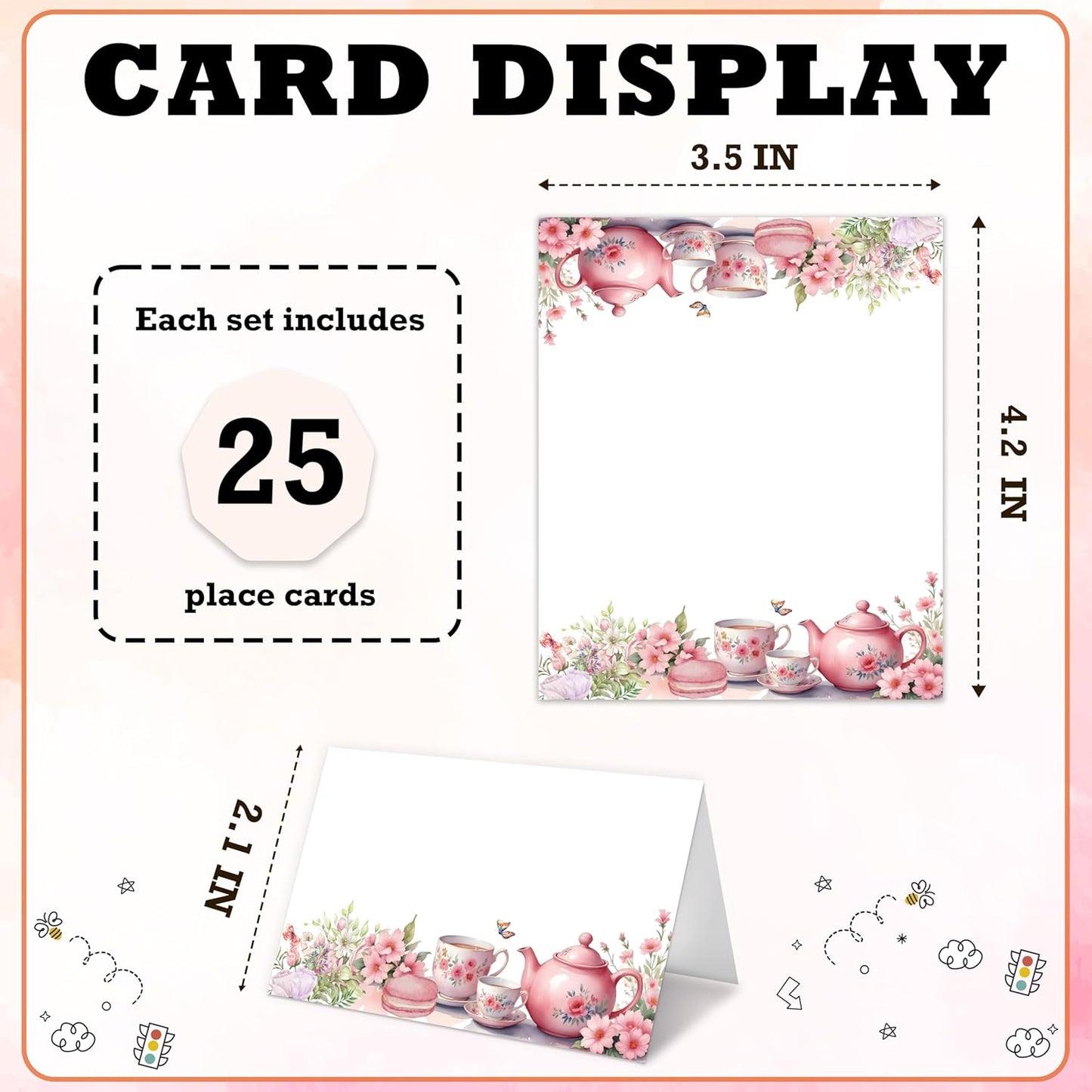 Tea Party Place Cards For Girls, Floral Teapot Name Card For Table Setting, Spring Holiday Favors Supplies, Flowers Tent Cards Decor For Bridal Shower Wedding Wonderland Tea Party, 25 Pack -07