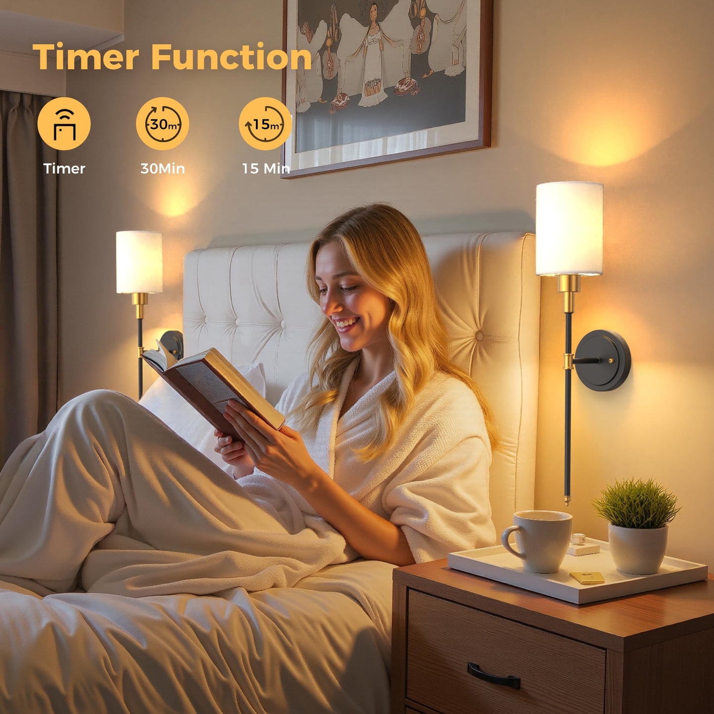 DORESshop Battery Operated Wall Sconce Set of 2, Metal, 24.3in, Wireless, Gold and Black, Easy to Install, Decorative Lighting for Home