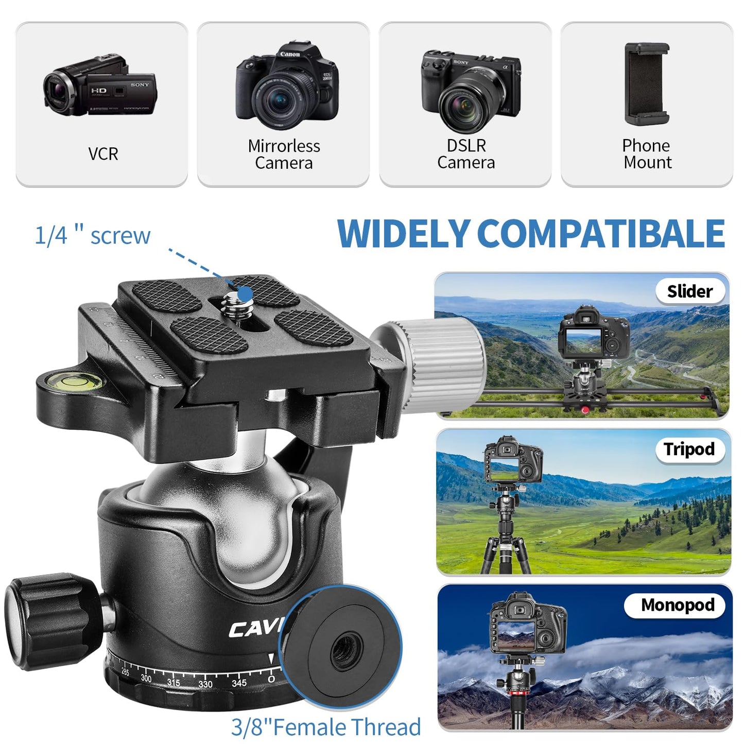 Ball Head Mount, Cavix 36Mm Ball Head Camera Tripod Head With 1/4 Arca Swiss Quick Release Plate For Tripod, Monopod, Dslr, Came