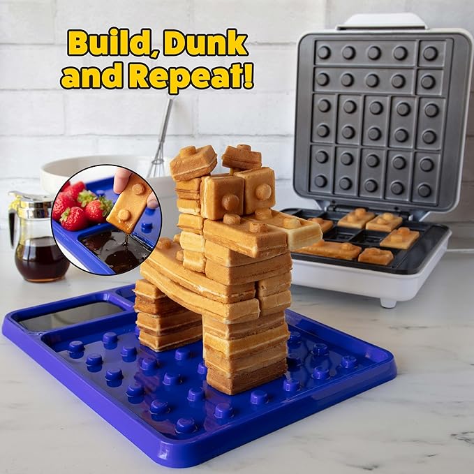 Building Brick Electric Waffle Maker- BLACK with 2 Construction Eating Plates- Cook Fun Buildable Gingerbread Man House Waffles Pancakes- Stack & Build Creations on Serving Dishes, Activity Xmas Gift
