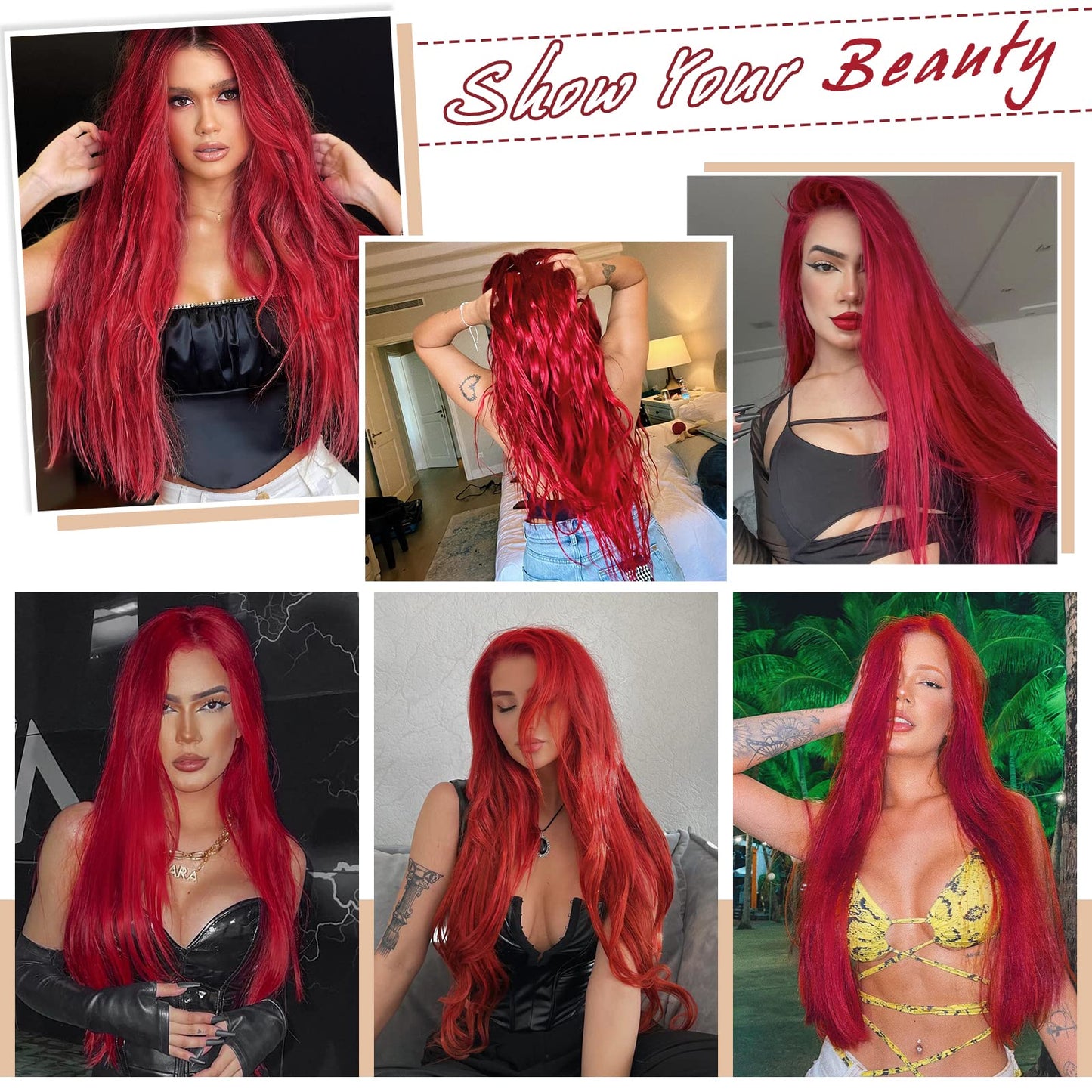 FAVE Red Wigs for Women Mermaid Waves Synthetic Wig 28 Inches Middle Part Long Wavy Red Wig Natural Looking Heat Resistant Wig f