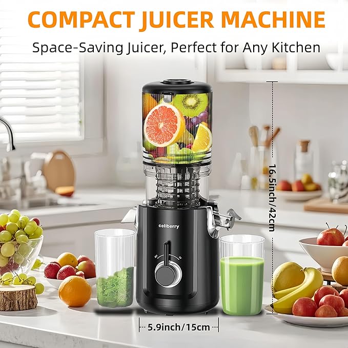 Cold Press Juicer Machines, 5.3” Large Feed Chute Slow Masticating Juicer for Whole Fruits & Vegetables, 300W Quiet Juice Extractor, Easy to Clean, 99% High Juice Yield, Black
