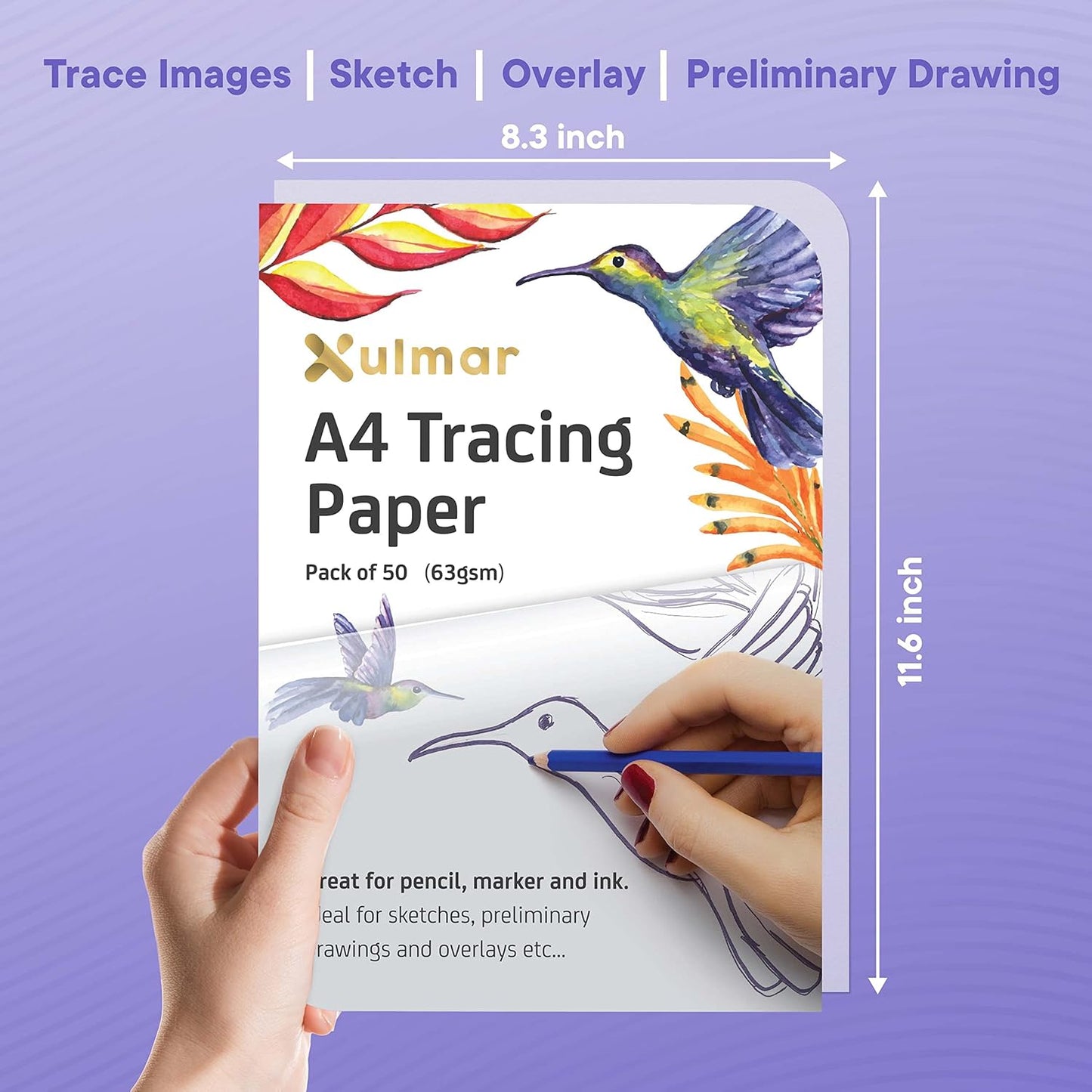 Xulmar Tracing Paper 8.5x11 inch 63 GSM - Pack of 50 Sheets Tracing Paper for Sewing Patterns, Drawing Overlays & Sketching on Art Paper & Sketch Book