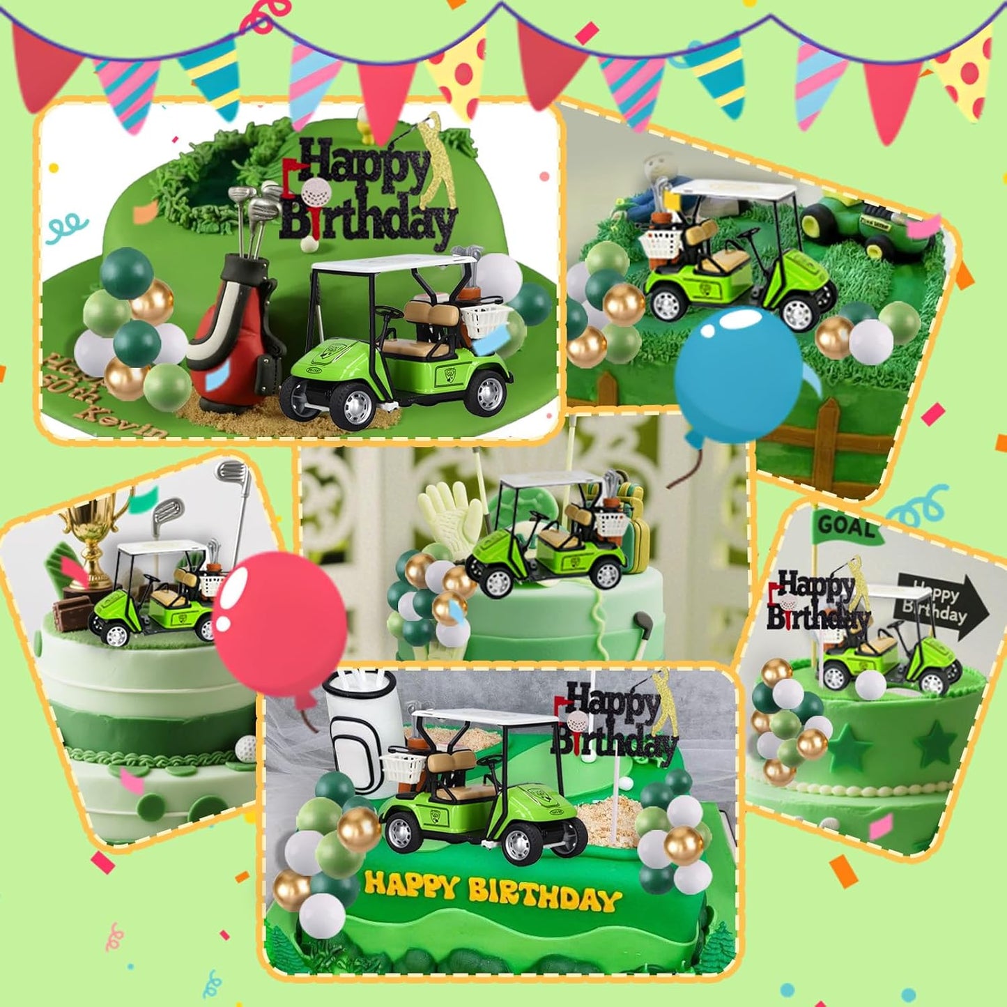 MEMOVAN Golf Cake Decorations Golf Birthday Cake Toppers Mini Golf Cart Toy Golf Theme Cake Decorations with Green Gold and White Ball Cake Topper for Golf Theme Party Supplies