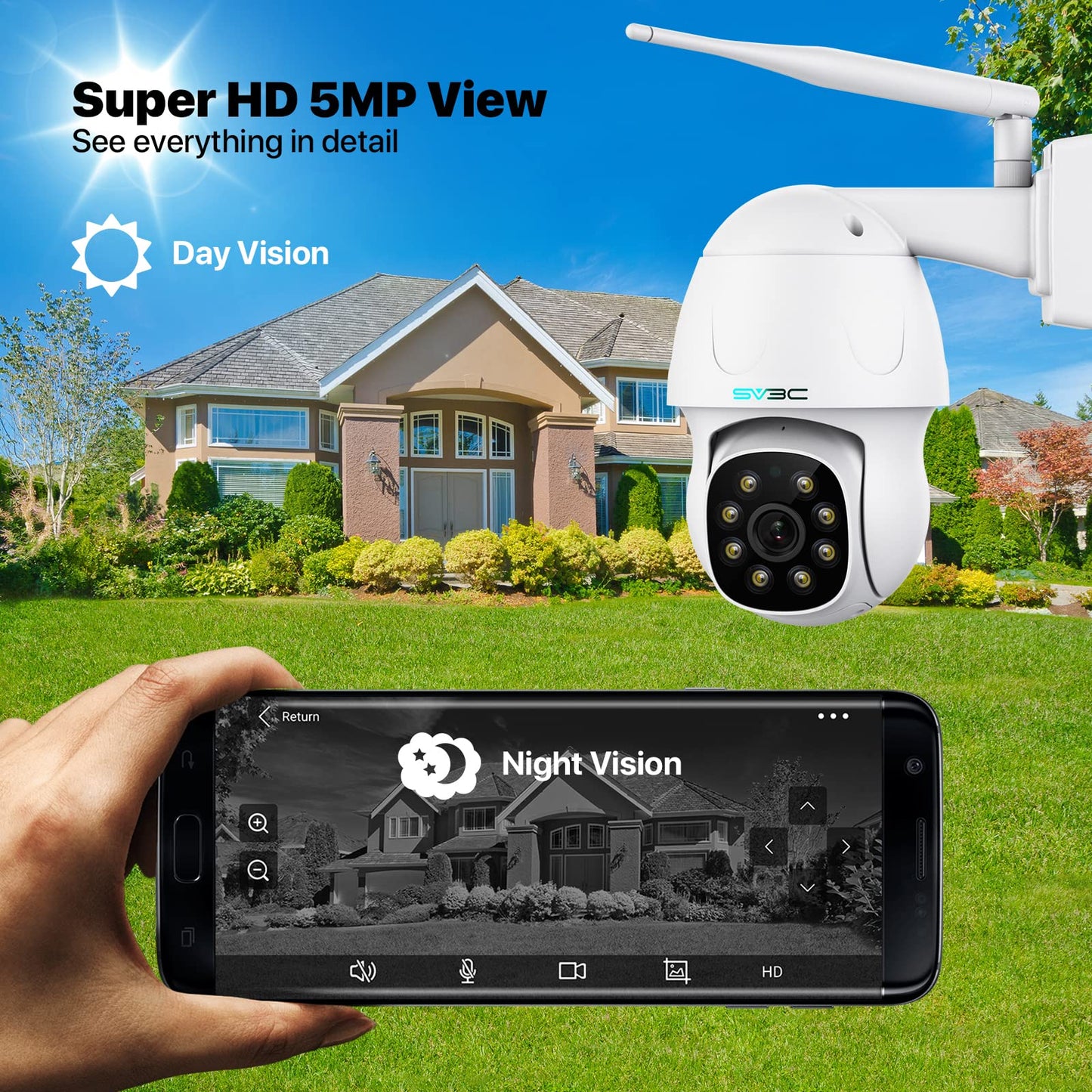 Sv3C 5Mp Ptz Ip Camera Outdoor, Pan Tilt Security Cameras With Dual Band 2.4G 5G Wifi, Auto Tracking, Floodlight Color Night Vis