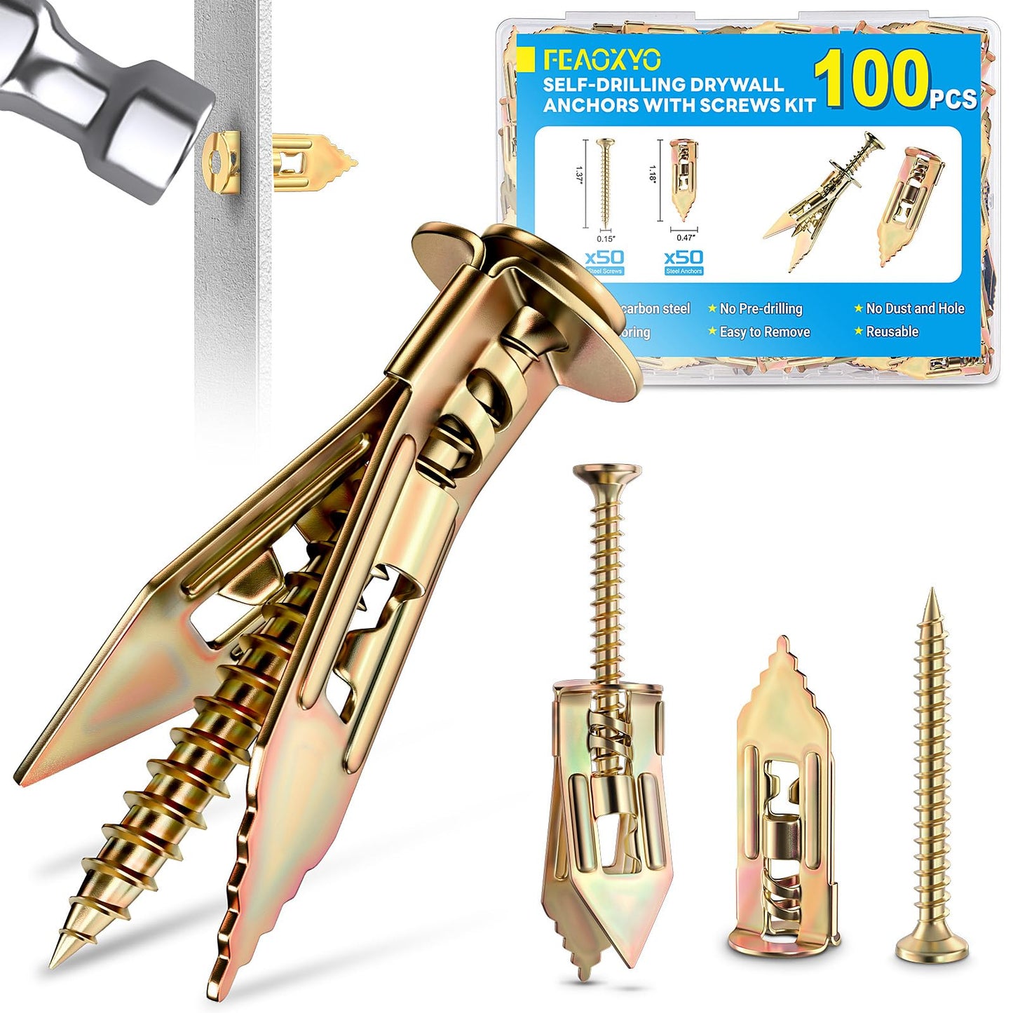 FEAOXYO Upgraded 100 Pcs Self Drilling Drywall Anchors with Screws Kit, Zinc Plated Steel Sheetrock Anchors and Screws, No Drill Needed, Holds 66LB for TV, Shelf, Decor, Picture Frame Wall Mounting