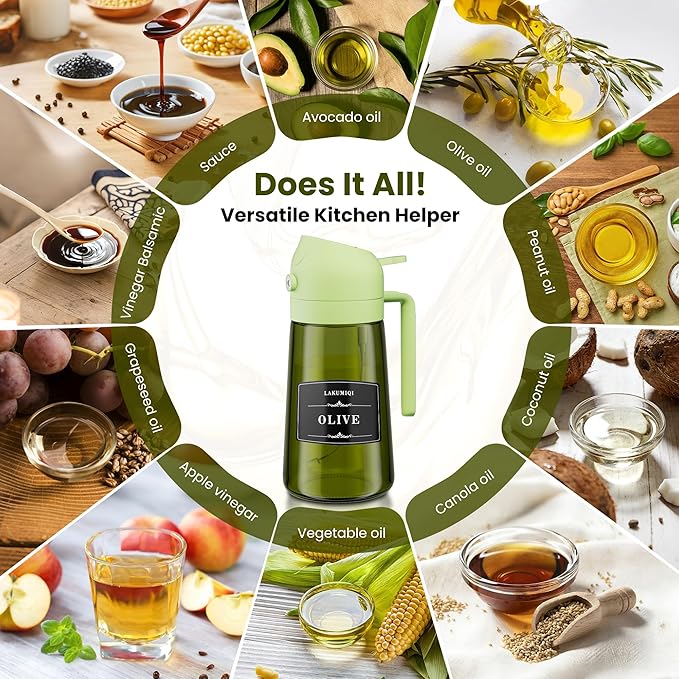 2 in 1 Oil Sprayer for Cooking 16oz, Green Light-Blocking Glass Olive Oil Dispenser Bottle, Food-Grade Oil Mister with 8 Stickers for Kitchen Salad Frying