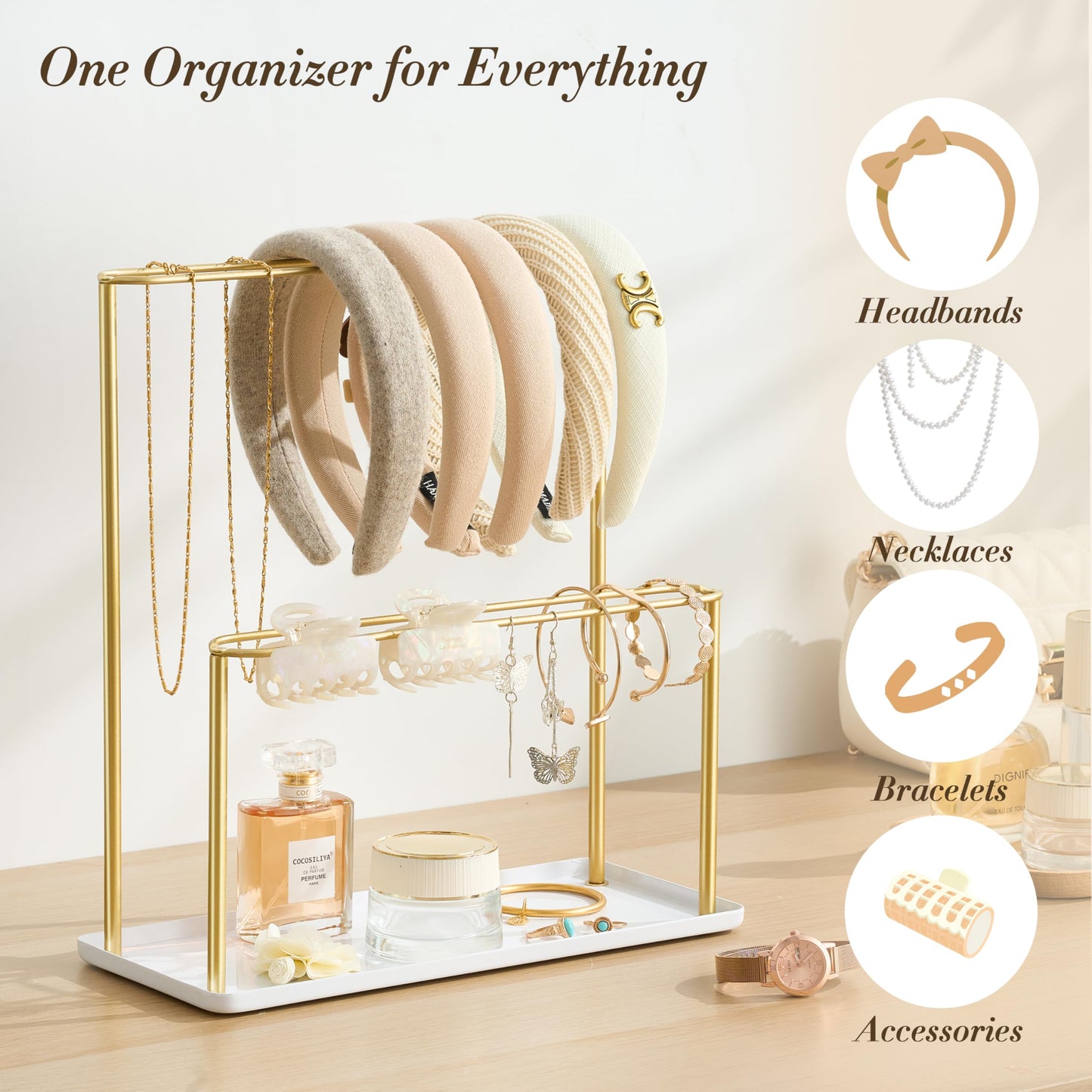 Josmimic Headband Holder Organizer Metal 2-Tier with Tray: Hair Accessories Display Stand Storage Hairband Rack Necklace Stand H